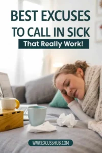 Sick woman resting on a couch with tissues and tea nearby; text overlay reads โBest Excuses to Call in Sick That Really Work