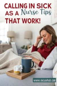 Woman resting on couch with a blanket and tea, laptop nearby; text says โCalling in Sick as a Nurse Tips That Work