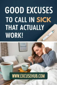Woman in bed with tea, scarf around neck, appearing sick; text overlay reads โGood Excuses to Call in Sick That Actually Work