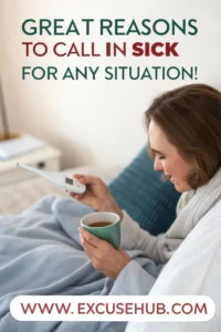 Smiling woman in bed holding a thermometer and tea; text overlay says โGreat Reasons to Call in Sick for Any Situation!