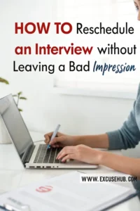 Woman typing on a laptop with a pen in hand, text overlay reads "How to Reschedule an Interview without Leaving a Bad Impression