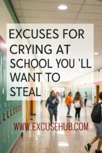 High school hallway scene with students walking, overlaid with text "Excuses for Crying at School You'll Want to Steal".