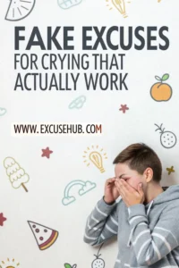 Child wiping eyes with text "Fake Excuses for Crying That Actually Work" above, on a playful background with doodles and icons
