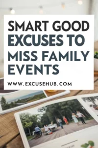 Smart Good Excuses to Miss Family Events – text overlay on blurred family photo album pages placed on a wooden table.